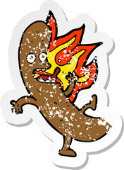retro distressed sticker of a crazy cartoon sausage
