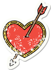 traditional distressed sticker tattoo of an arrow and heart