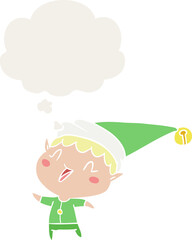 cartoon happy christmas elf and thought bubble in retro style