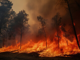 forest ablaze, fierce flames and smoke, urgent call for firefighting, generative AI