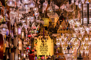 Traditional Turkish or Moroccan mosaic lamp and lights at colorful stained glass lamp souvenir shop.