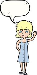 cartoon pretty woman waving with speech bubble