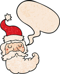 cartoon santa face and speech bubble in retro texture style