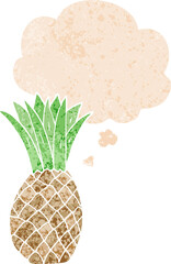 cartoon pineapple and thought bubble in retro textured style