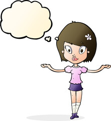 cartoon woman making balancing gesture with thought bubble
