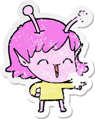 distressed sticker of a cartoon alien girl laughing