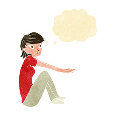 cartoon pretty girl sitting with thought bubble