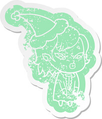cute cartoon distressed sticker of a vampire girl wearing santa hat