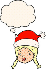 cartoon girl wearing christmas hat and thought bubble in comic book style