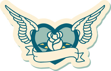 tattoo style sticker of a flying heart with flowers and banner