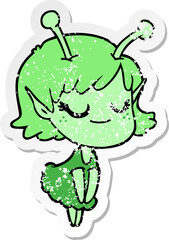 distressed sticker of a smiling alien girl cartoon