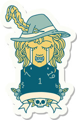 crying orc bard character with natural one D20 roll sticker