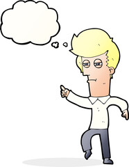 cartoon man accusing with thought bubble