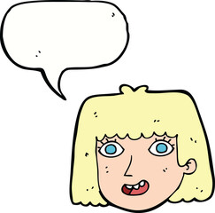 cartoon happy female face with speech bubble