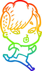 rainbow gradient line drawing cartoon surprised girl in science fiction clothes