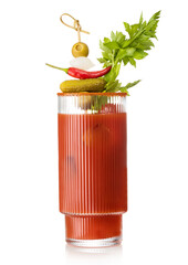 Bloody mary cocktail with stick and various snack on white background.Olive,pepper,onion,celery,pickle © DenisMArt