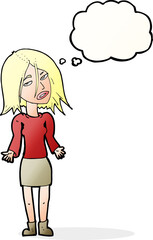 cartoon woman shrugging shoulders with thought bubble