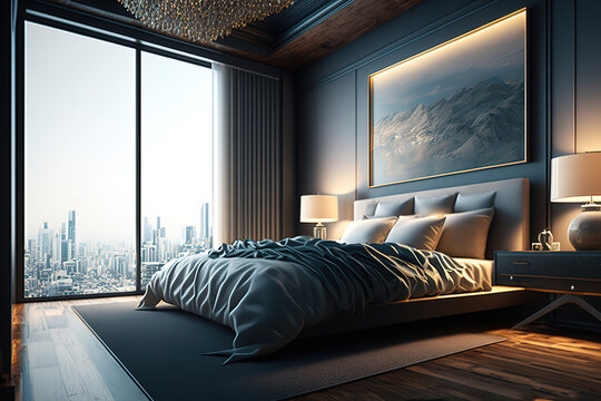 Luxury Studio Apartment Master Bedroom With Free Layout Loft Style In Dark Colors, Stylish Modern Room With Green Plants And Bib Window, Generative Ai