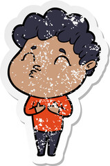 distressed sticker of a cartoon man pouting