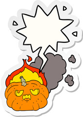cartoon flaming halloween pumpkin and speech bubble sticker