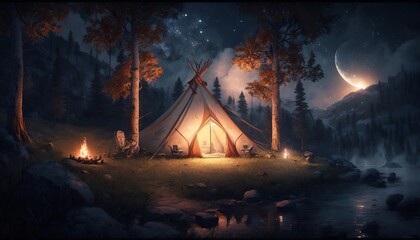 a beautiful place for a tent, with cozy lights at night