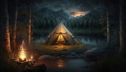 a beautiful place for a tent, with cozy lights at night