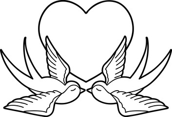 black line tattoo of a swallows and a heart