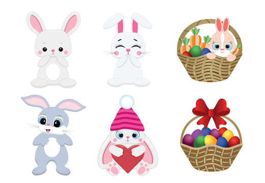 Easter spring set with cute eggs, different bunnies,easter baskets.Hand drawn flat cartoon elements. Vector illustration