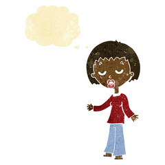 cartoon tired woman with thought bubble
