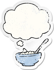 cartoon bowl of rice and thought bubble as a distressed worn sticker
