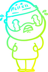 cold gradient line drawing cartoon bearded man crying