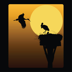 silhouette vector illustration of a bird flying and a bird standing in a nest