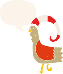 caroton chicken in funny christmas hat and speech bubble in retro style