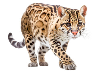 Sneaking ocelot portrait: Leopardus pardalis isolated in a wildcat scene. Generative AI