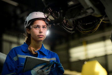 Caucasian female engineer, technician wearing safety uniform working use tablet Online information to monitor machine operation, check  maintenance plan to make a machine work efficiently and safely.