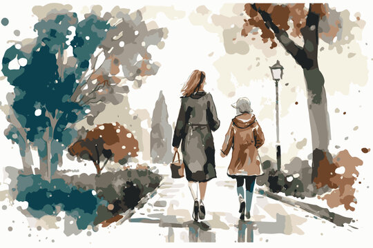 Mother and daughter walking together in a park. Family love. Vector art painting of grandmother walking with her child. Adorable background. Walking outdoor, together. Unity family. Road to happiness