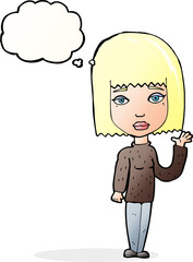 cartoon woman waving with thought bubble