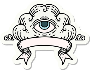 tattoo sticker with banner of an all seeing eye cloud
