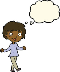 cartoon confused woman with thought bubble