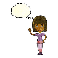 cartoon woman waving with thought bubble