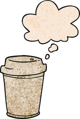 cartoon takeout coffee cup and thought bubble in grunge texture pattern style