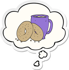 cartoon coffee and donuts and thought bubble as a printed sticker