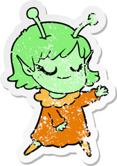 distressed sticker of a smiling alien girl cartoon