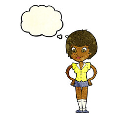 cartoon pretty woman with hands on hips with thought bubble