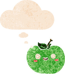 cartoon apple and thought bubble in retro textured style