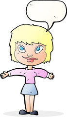 cartoon woman with open amrs with speech bubble