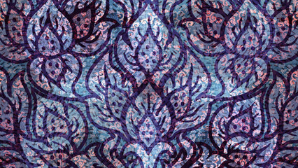 Lai Thai. Seamless indigo blue batik pattern on white silk background