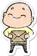 distressed sticker of a happy cartoon bald man