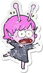 distressed sticker of a cartoon shocked alien girl