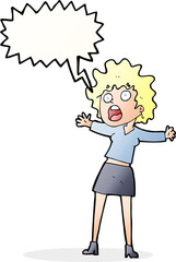 cartoon frightened woman with speech bubble